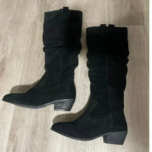 Anthropologie Black Leather Suede Tall Boots, size 38, 7.5-8 casual, classic